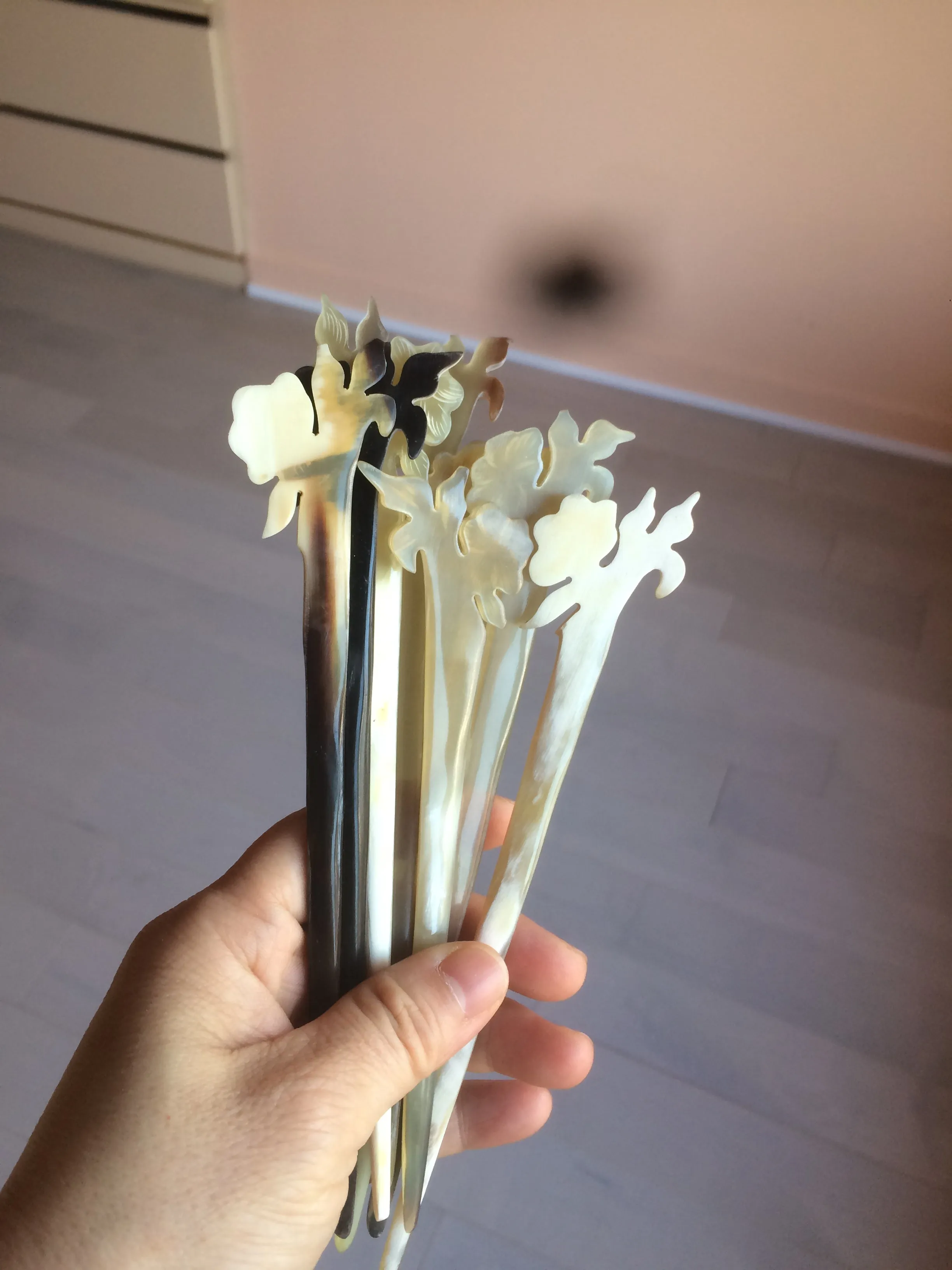 100% Natural Buffalo Horn carved flower stick hairpin CB61 (Add on item! not sale individually)