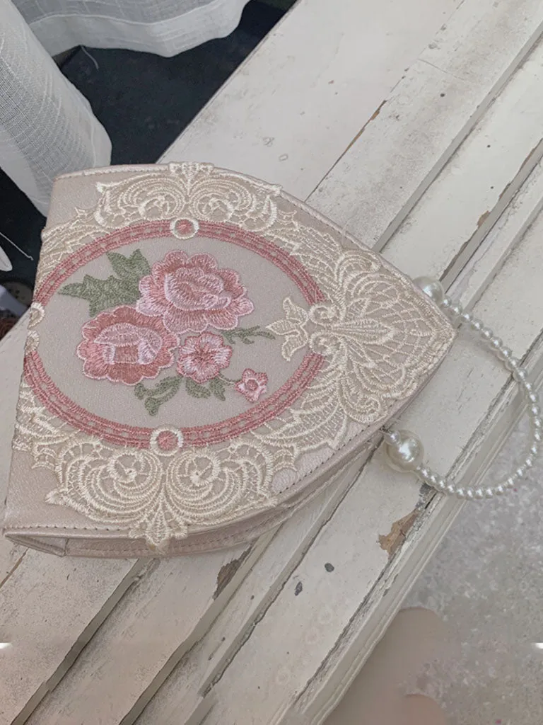 1950S Embroidered Rose Vintage Pearl Handbag Satin Banquet Bag