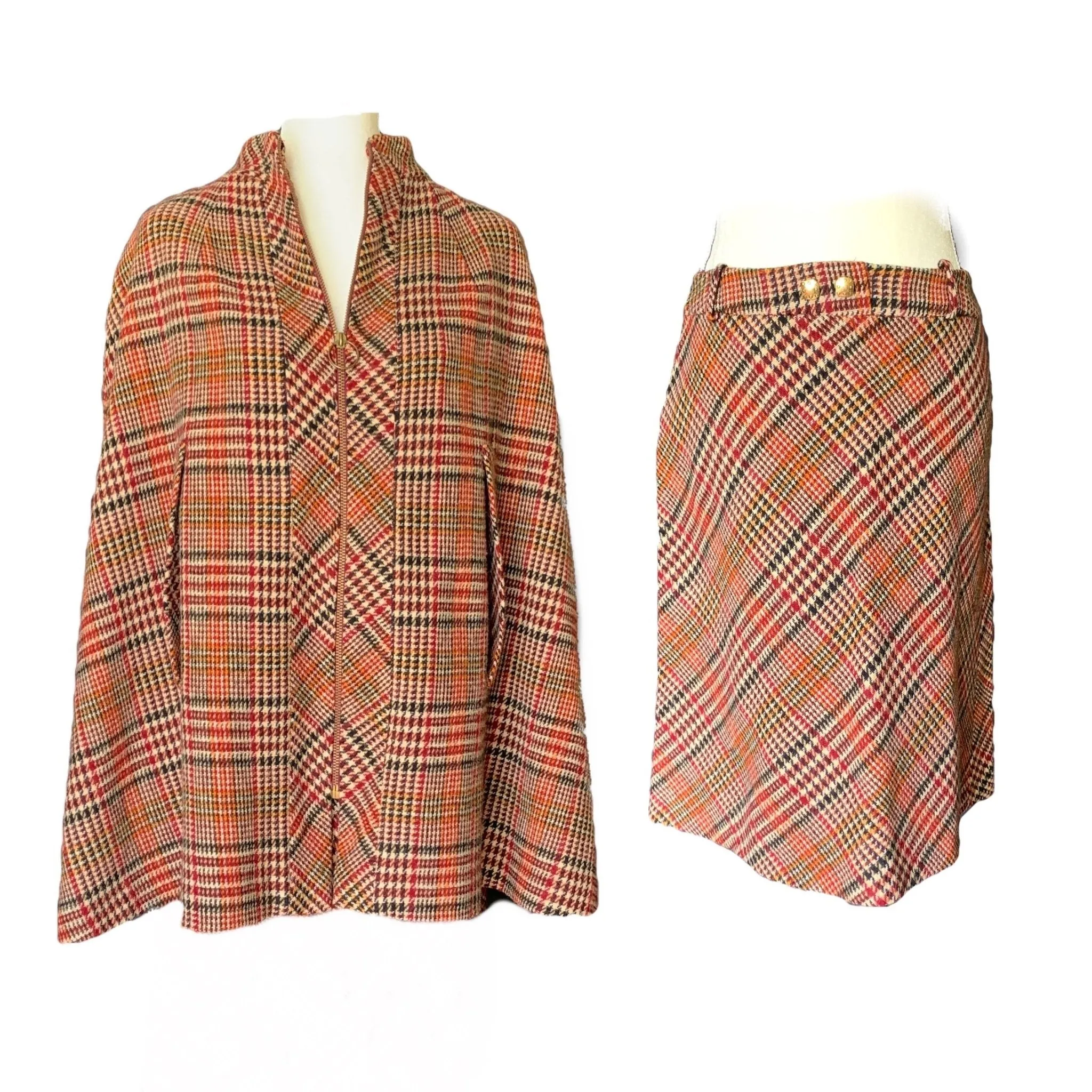 1960s Wool Houndstooth Plaid Cape and Skirt Suit Set from Kingsley. Equestrian Chic.