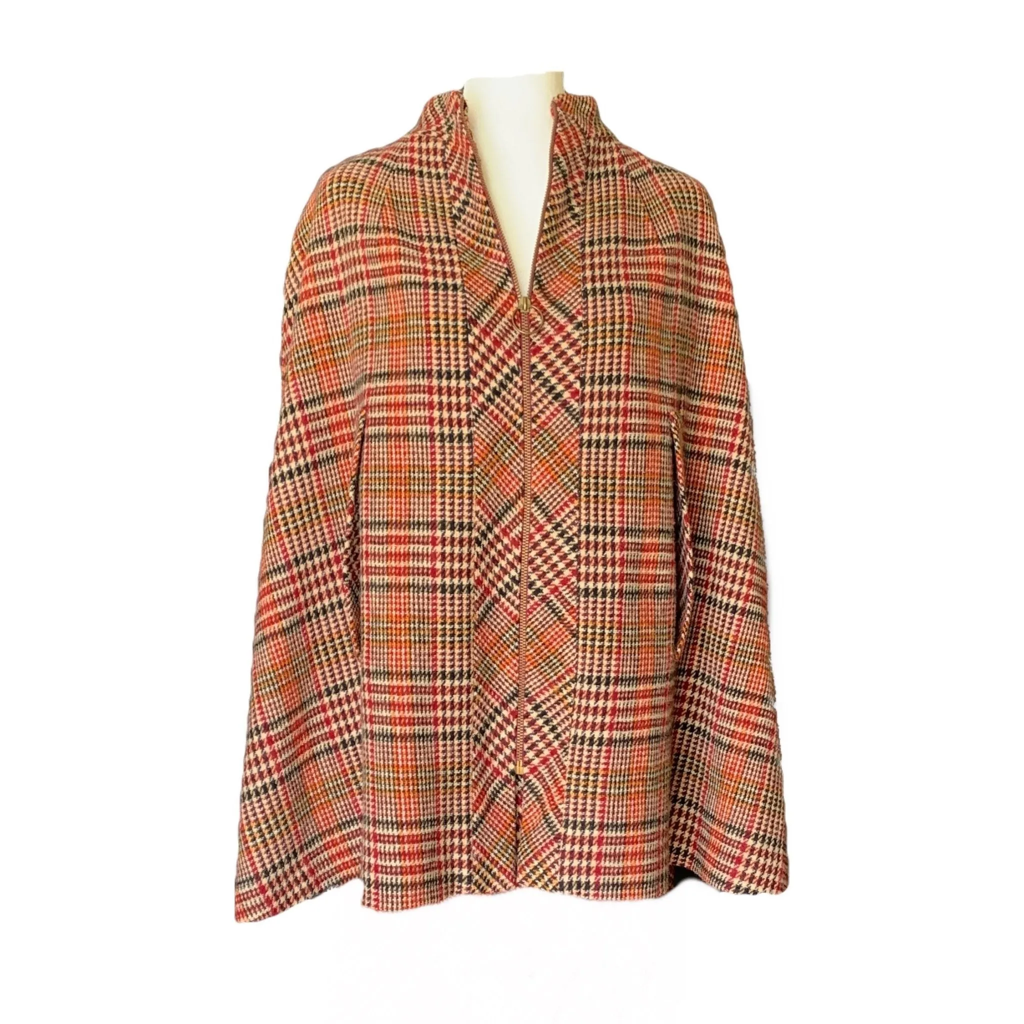 1960s Wool Houndstooth Plaid Cape and Skirt Suit Set from Kingsley. Equestrian Chic.