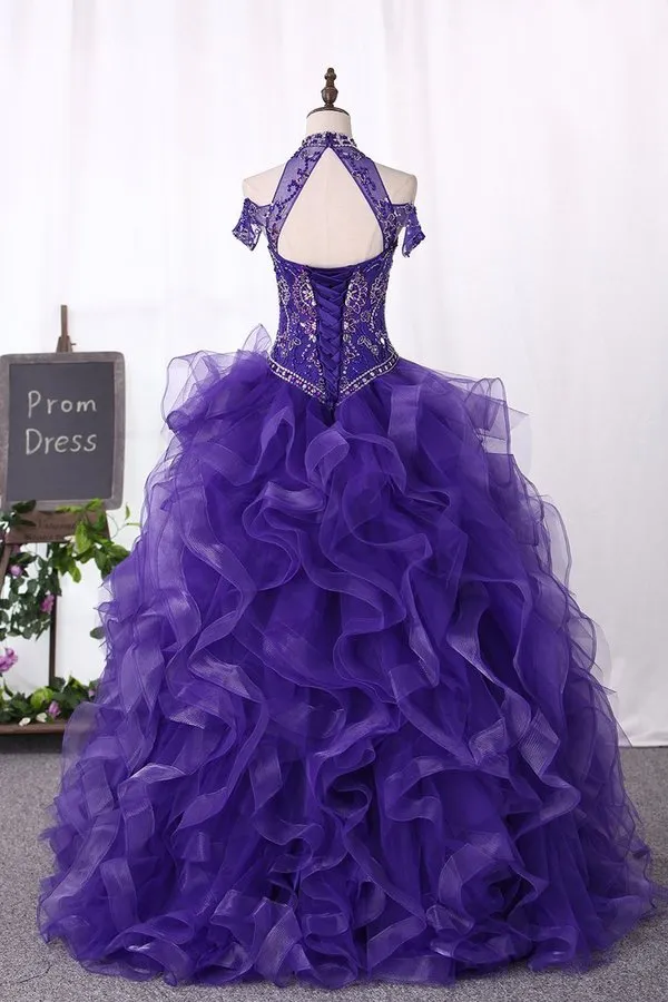 2024 Ball Gown Tulle Quinceanera Dresses High Neck Beaded Bodice PGL266P6