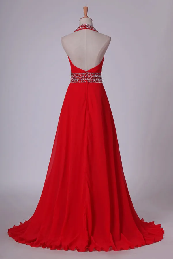 2024 Prom Dresses A Line Halter Chiffon With Beading And PLR8NHZ5