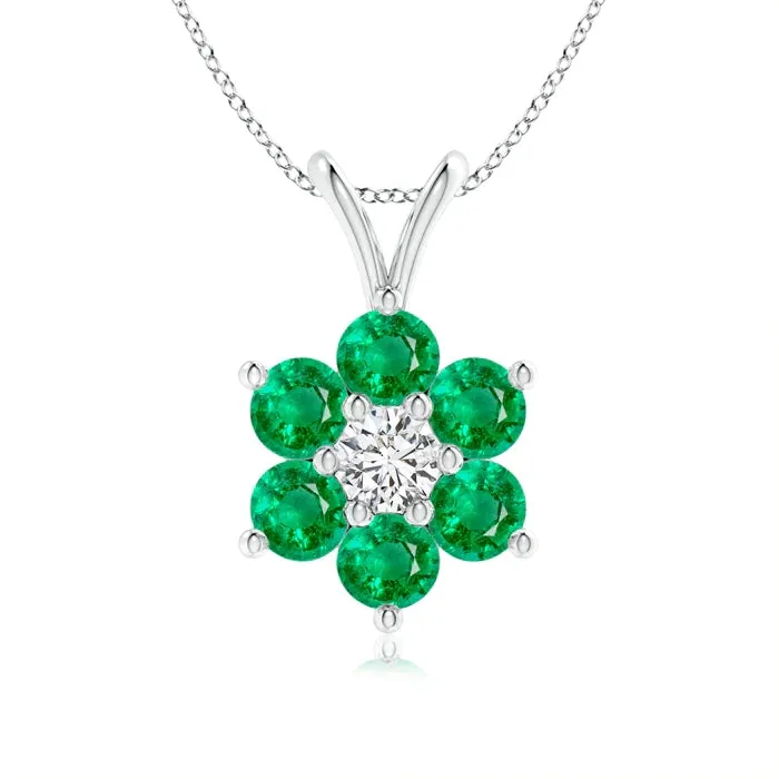 2.1 CT. Classic Six Petal Emerald Flower Pendant with White Sapphire