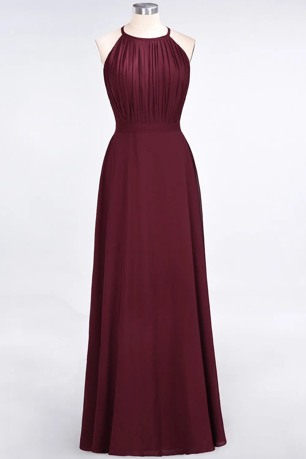 A-Line Chiffon Jewel Sleeveless Long Bridesmaid Dress with Ruffles