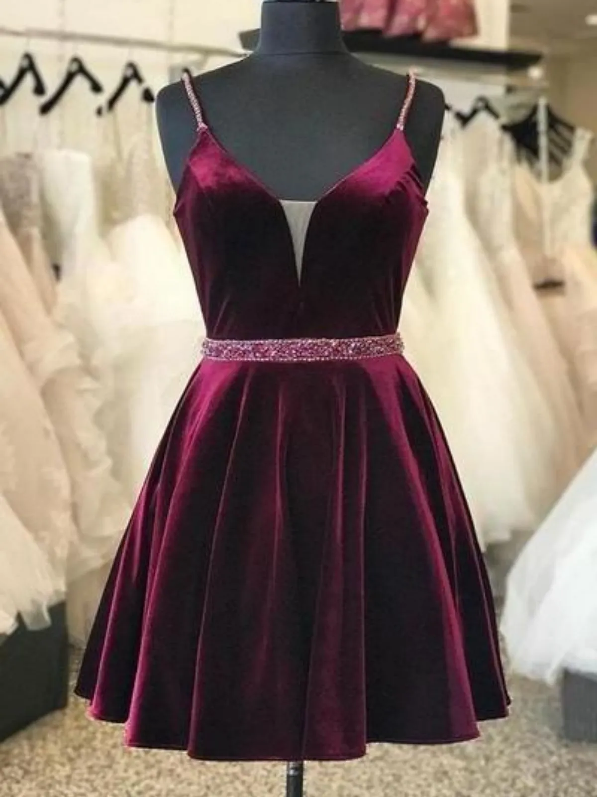 A Line V Neck Beaded Burgundy Velvet Prom Dresses, Burgundy Homecoming Dresses, Short Maroon Formal Evening Dresses with Belt SP2472