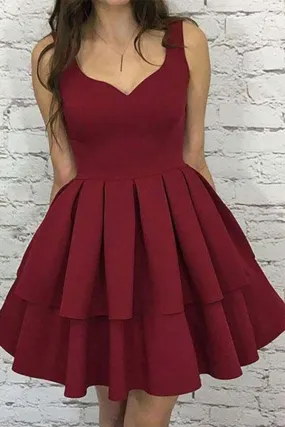 A Line V Neck Burgundy Short Open Back Prom Dress Sleeveless Homecoming Dresses