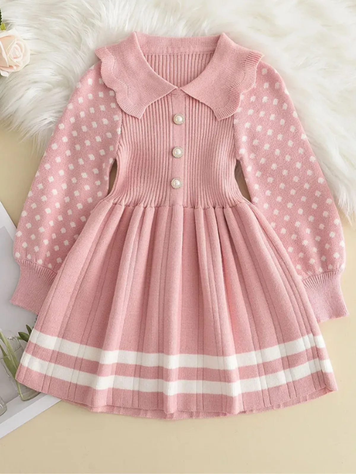 Adorable Polka Dot Sleeve Knit Dress with Elegant Pleats