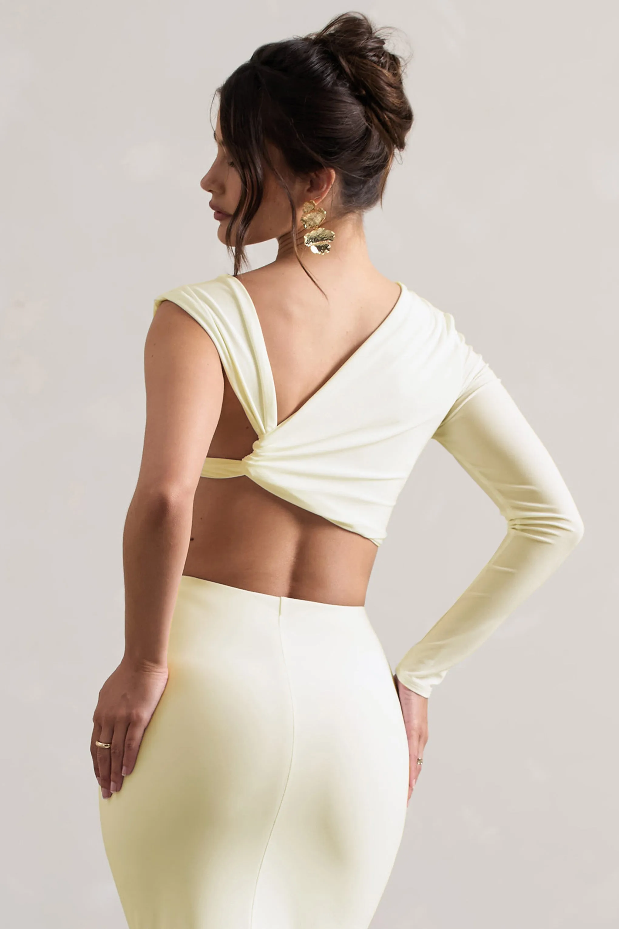 Agalia | Cream Ruched Asymmetric One-Sleeve Crop Top