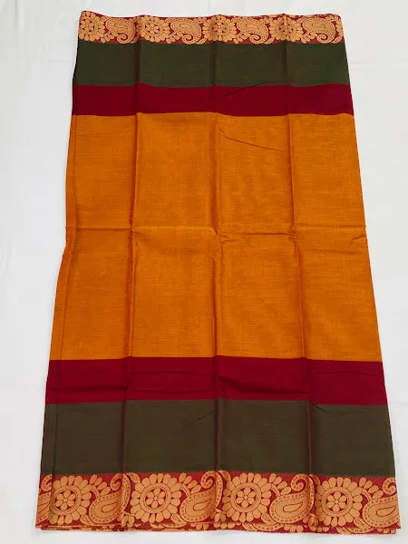 Alluring Multicolor Pure Cotton Saree With Contrast Maroon Border