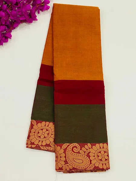 Alluring Multicolor Pure Cotton Saree With Contrast Maroon Border