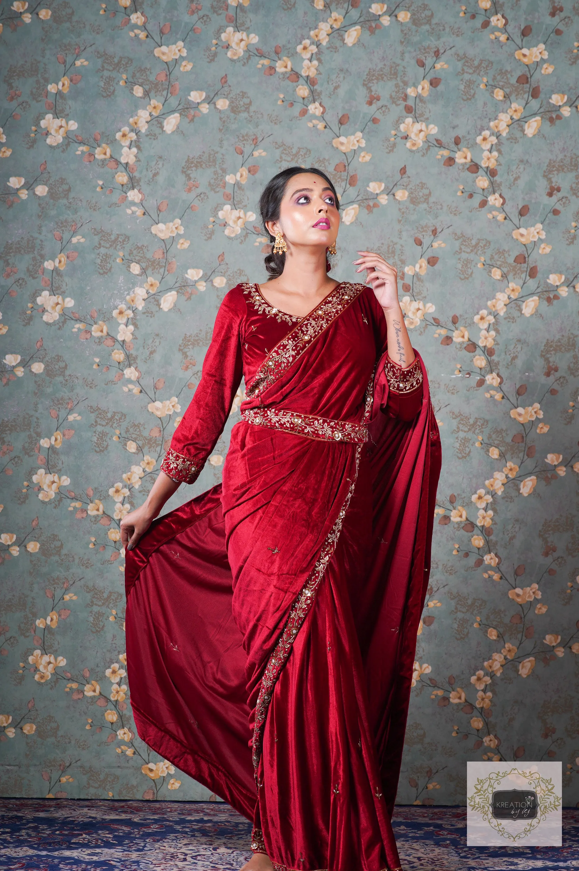 Anaya Maroon Velvet Saree with Belt