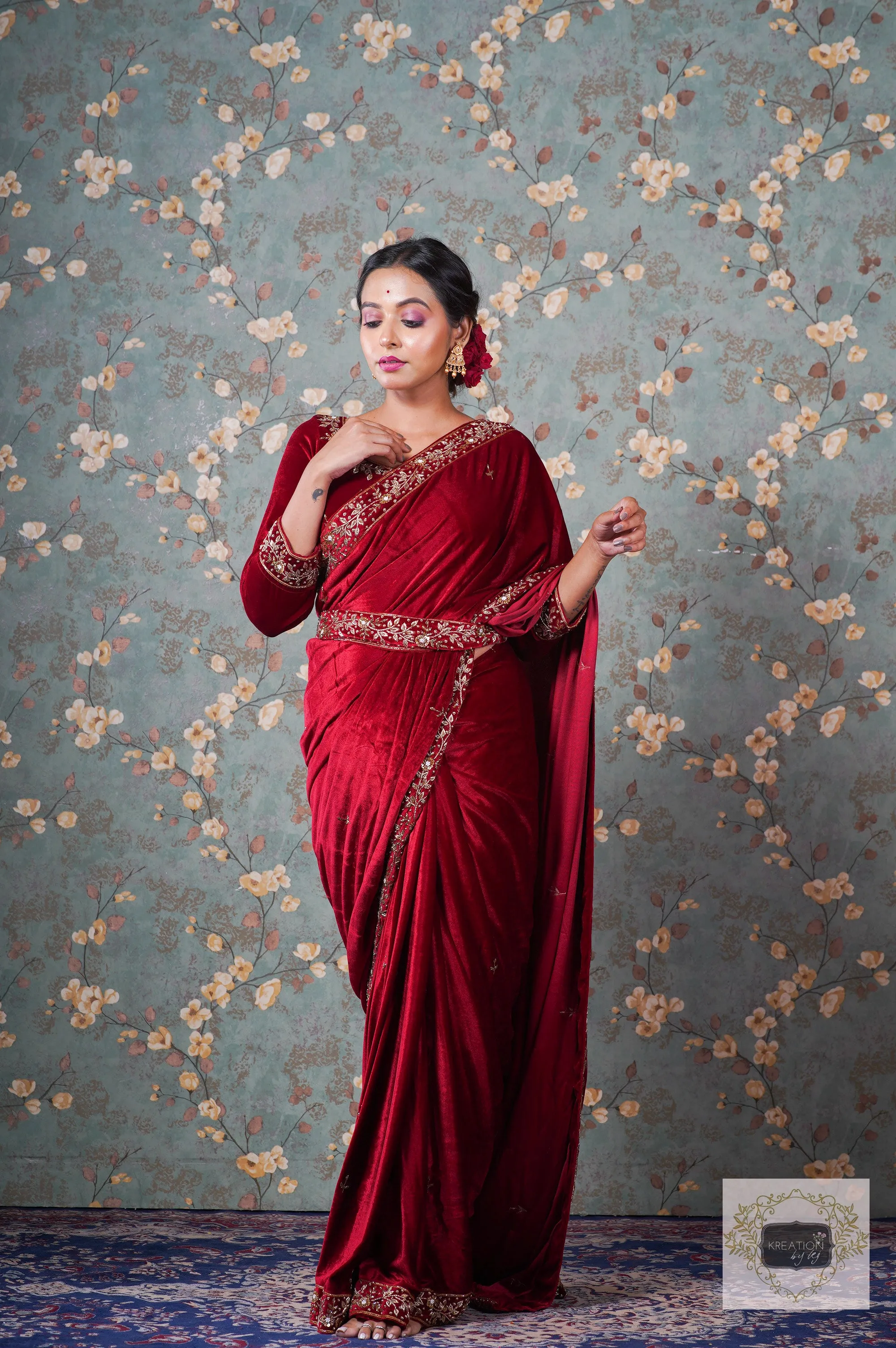 Anaya Maroon Velvet Saree with Belt