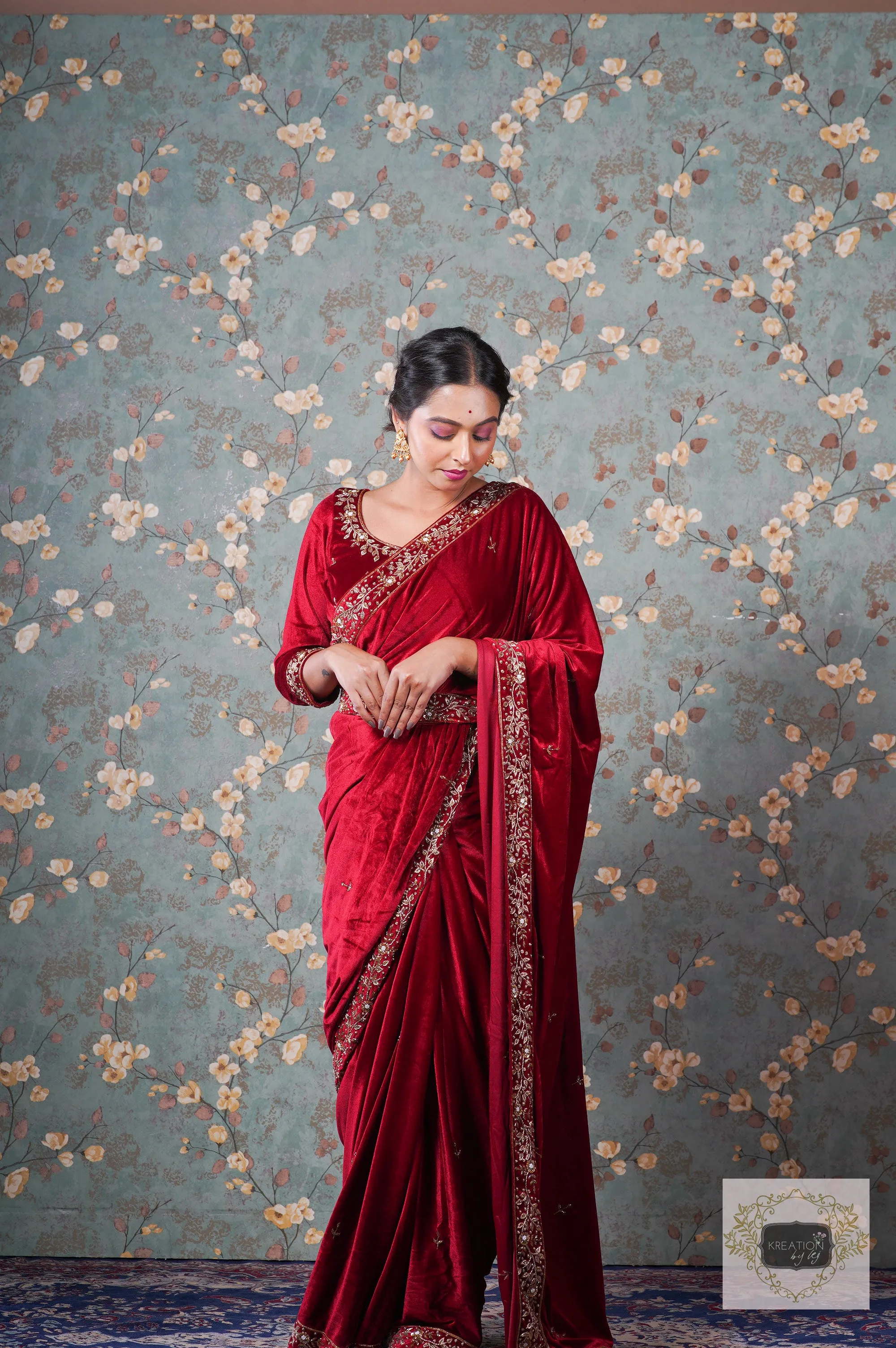 Anaya Maroon Velvet Saree with Belt