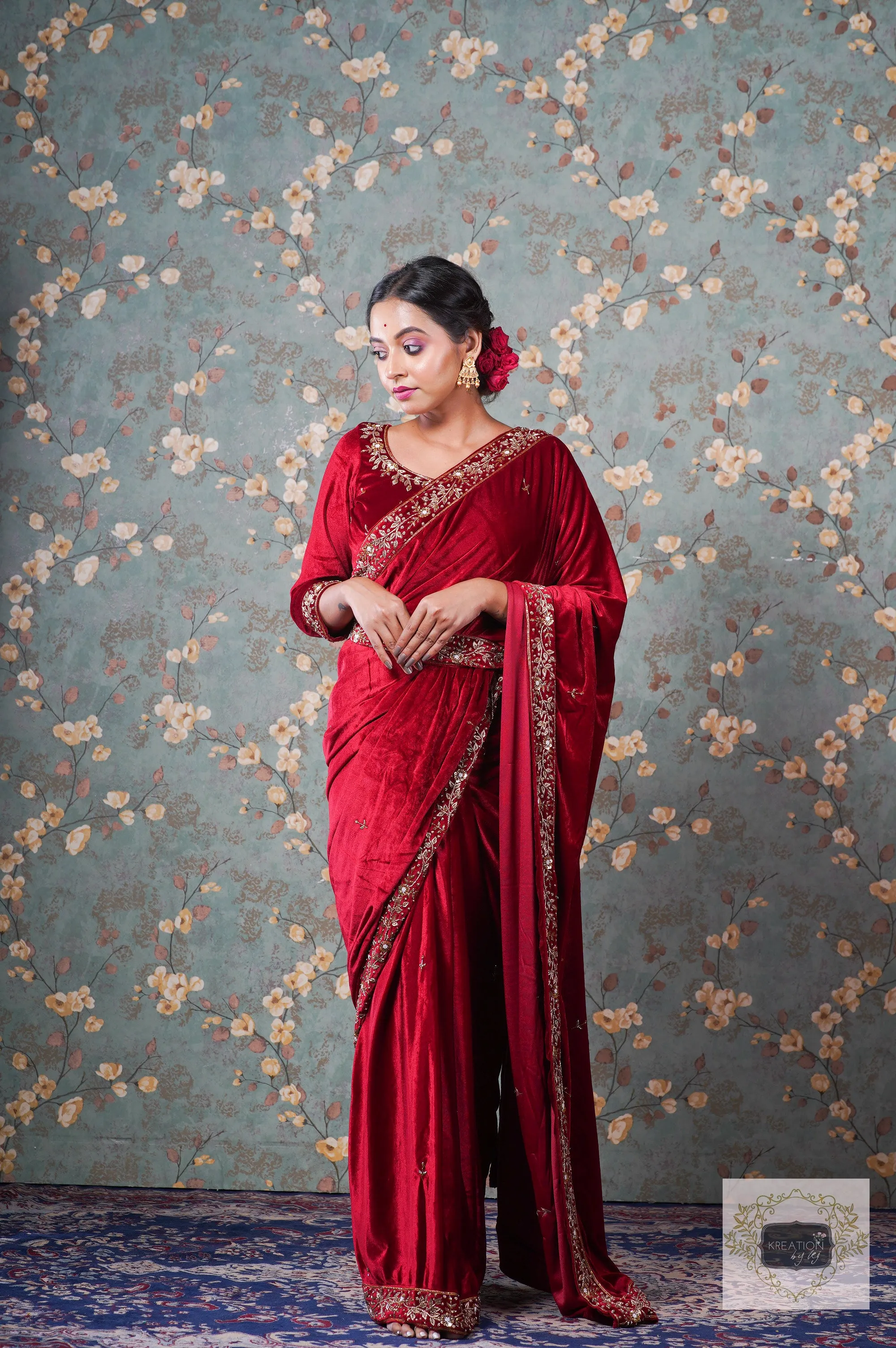 Anaya Maroon Velvet Saree with Belt