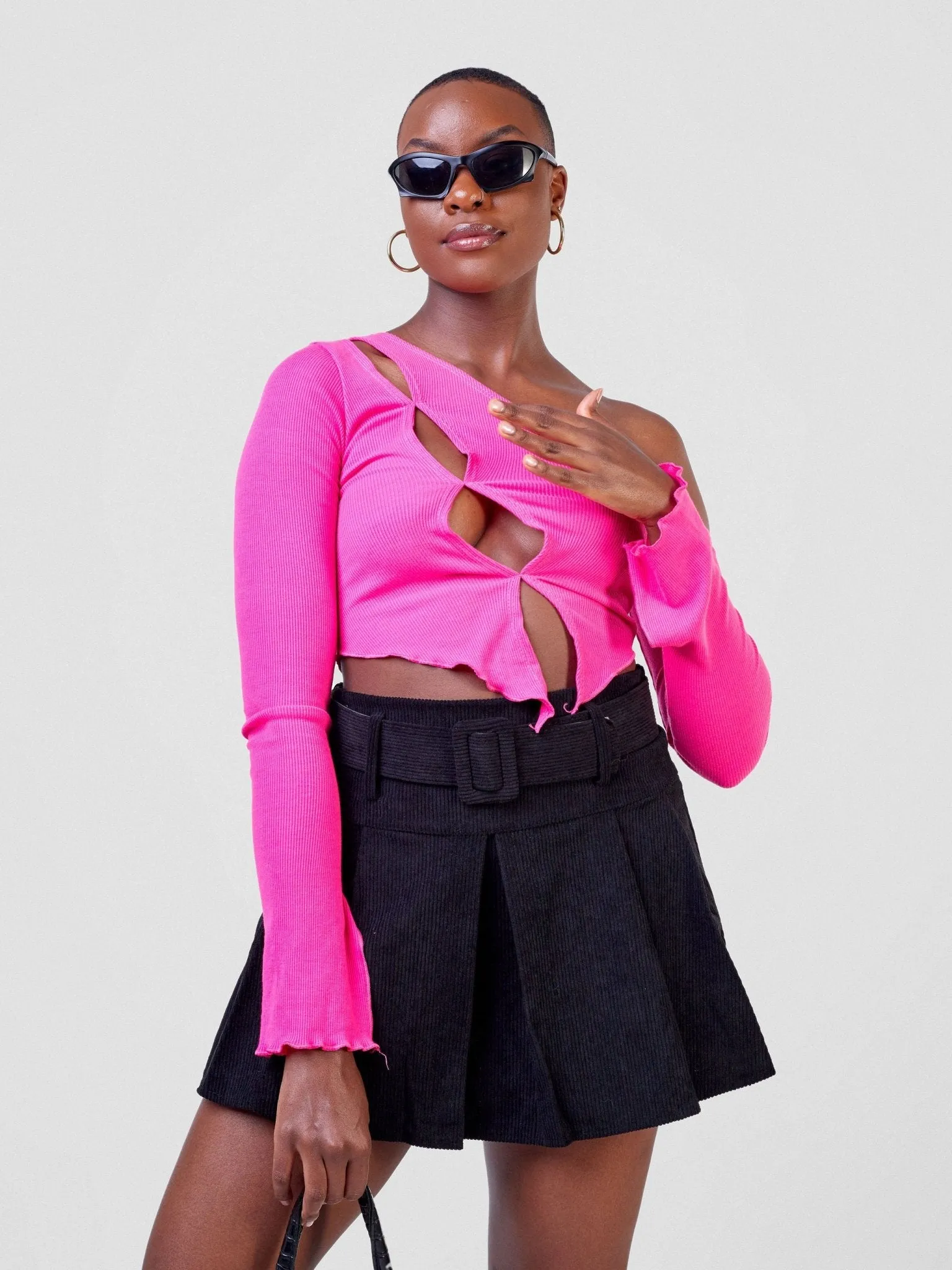 Anika Long Sleeved Asymmetrical Cutout Crop Top - Pink