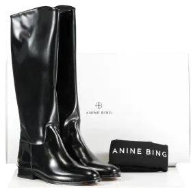 Anine Bing Black High Shine Leather Riding Boots With Gold Logo BNIB UK 5 EU 38 👠