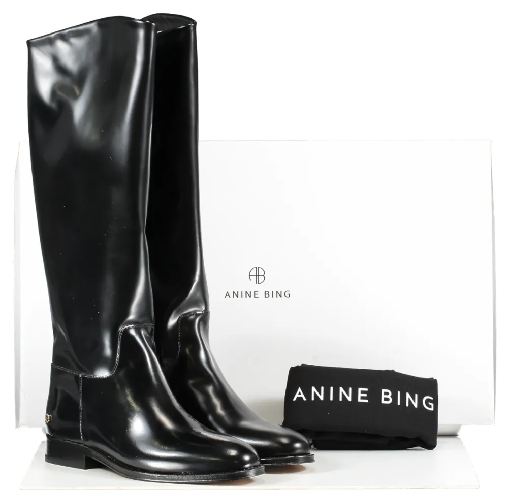 Anine Bing Black High Shine Leather Riding Boots With Gold Logo BNIB UK 5 EU 38 👠