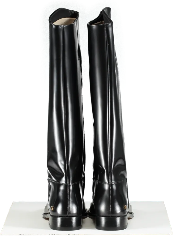 Anine Bing Black High Shine Leather Riding Boots With Gold Logo BNIB UK 5 EU 38 👠