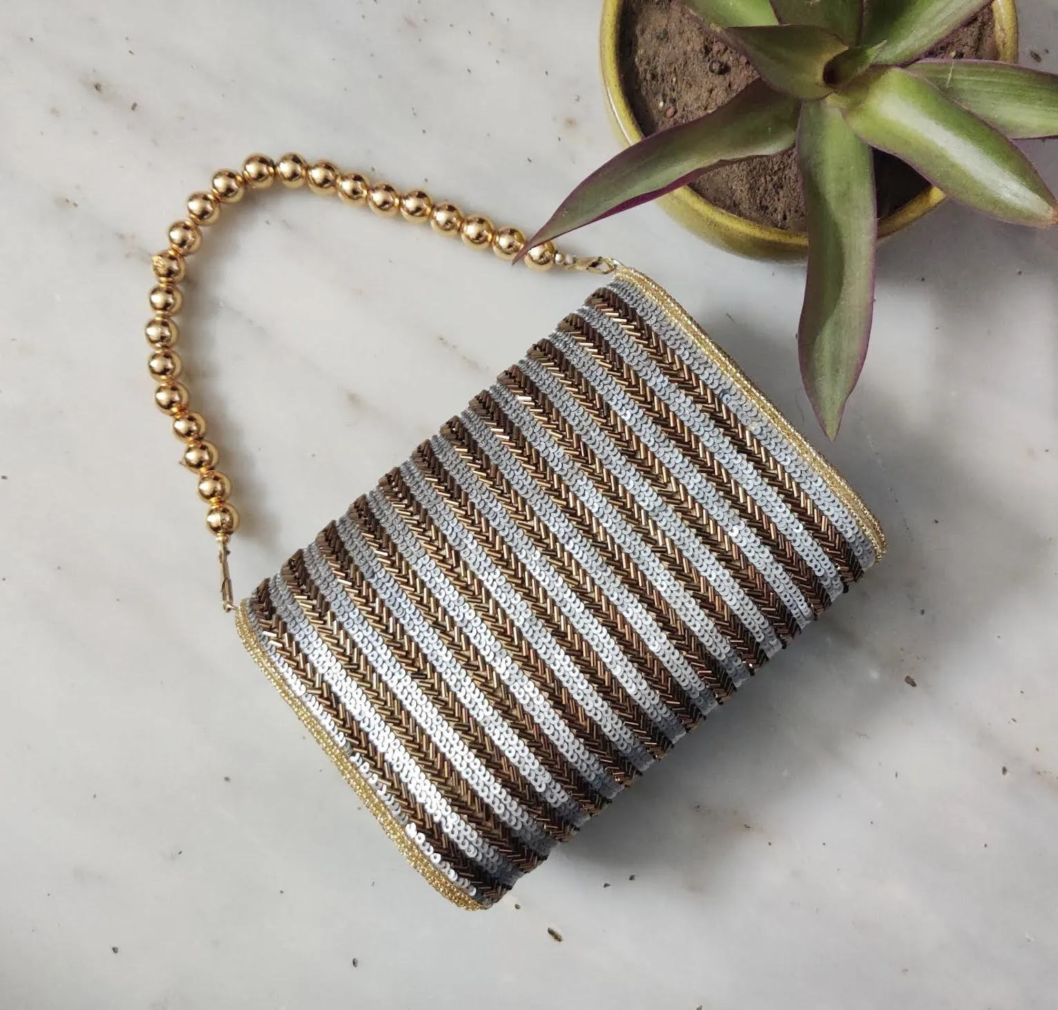 Antique Gold Flapover Handembroidered Clutch - Rent