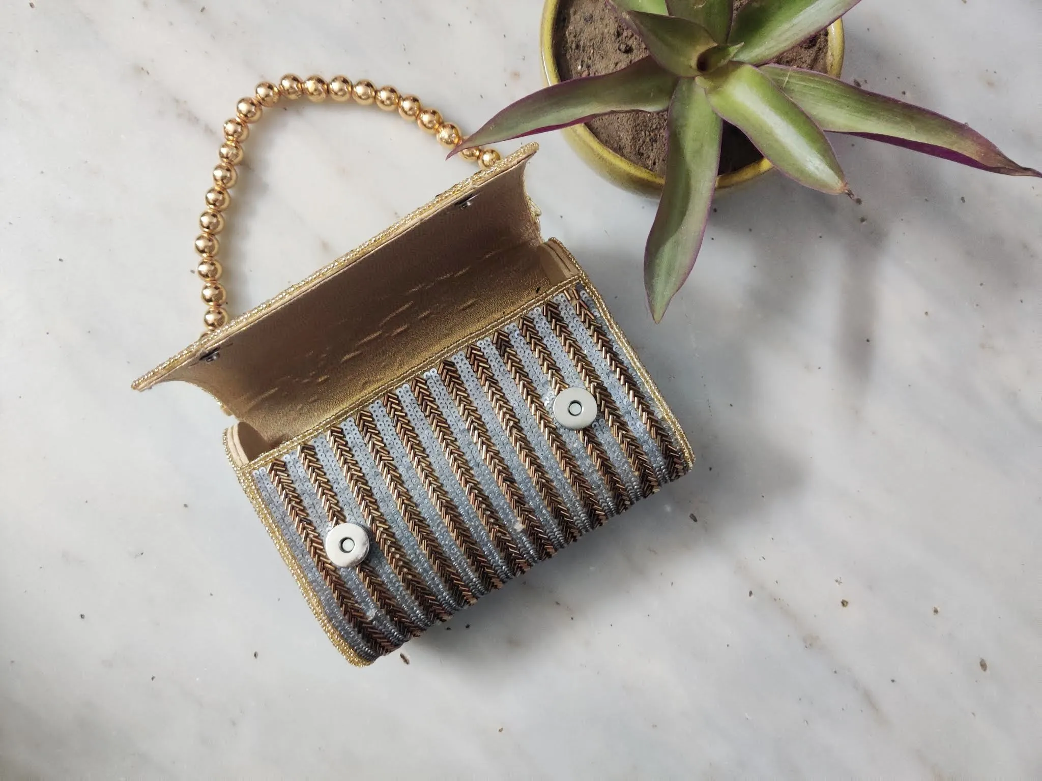 Antique Gold Flapover Handembroidered Clutch - Rent