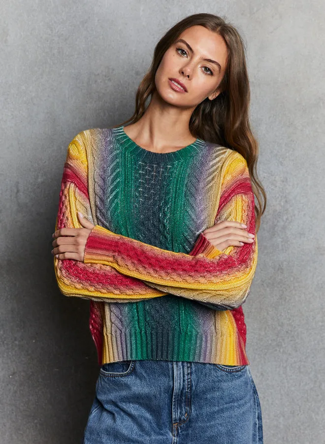 Autumn Cashmere - Gradient Striped Cable Crew - Bright Combo