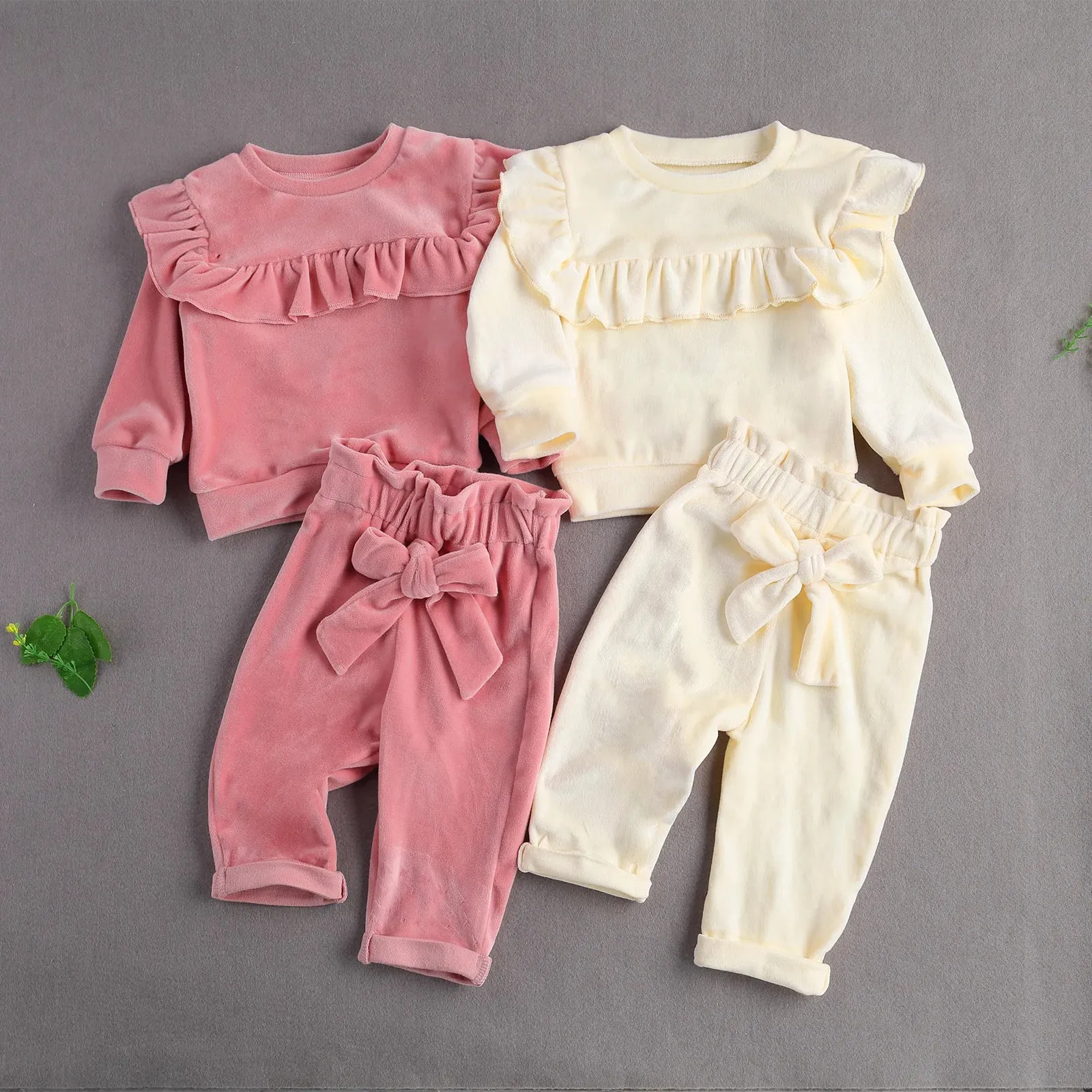 Baby Girls Solid Velour Ruffle Shirt & Pants Outfit Layette