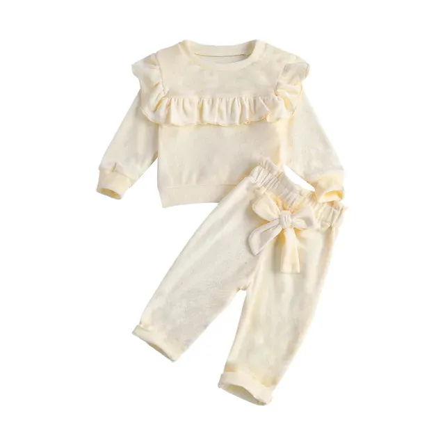 Baby Girls Solid Velour Ruffle Shirt & Pants Outfit Layette