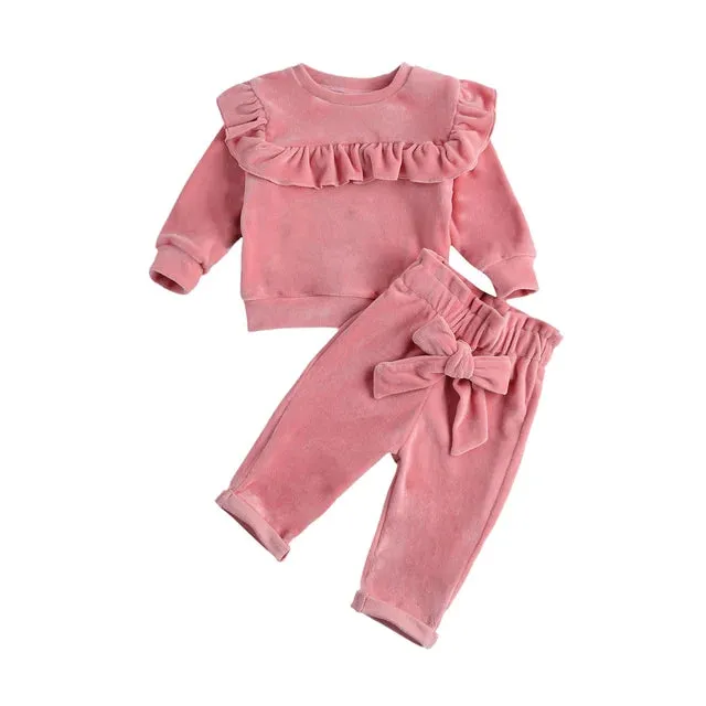 Baby Girls Solid Velour Ruffle Shirt & Pants Outfit Layette