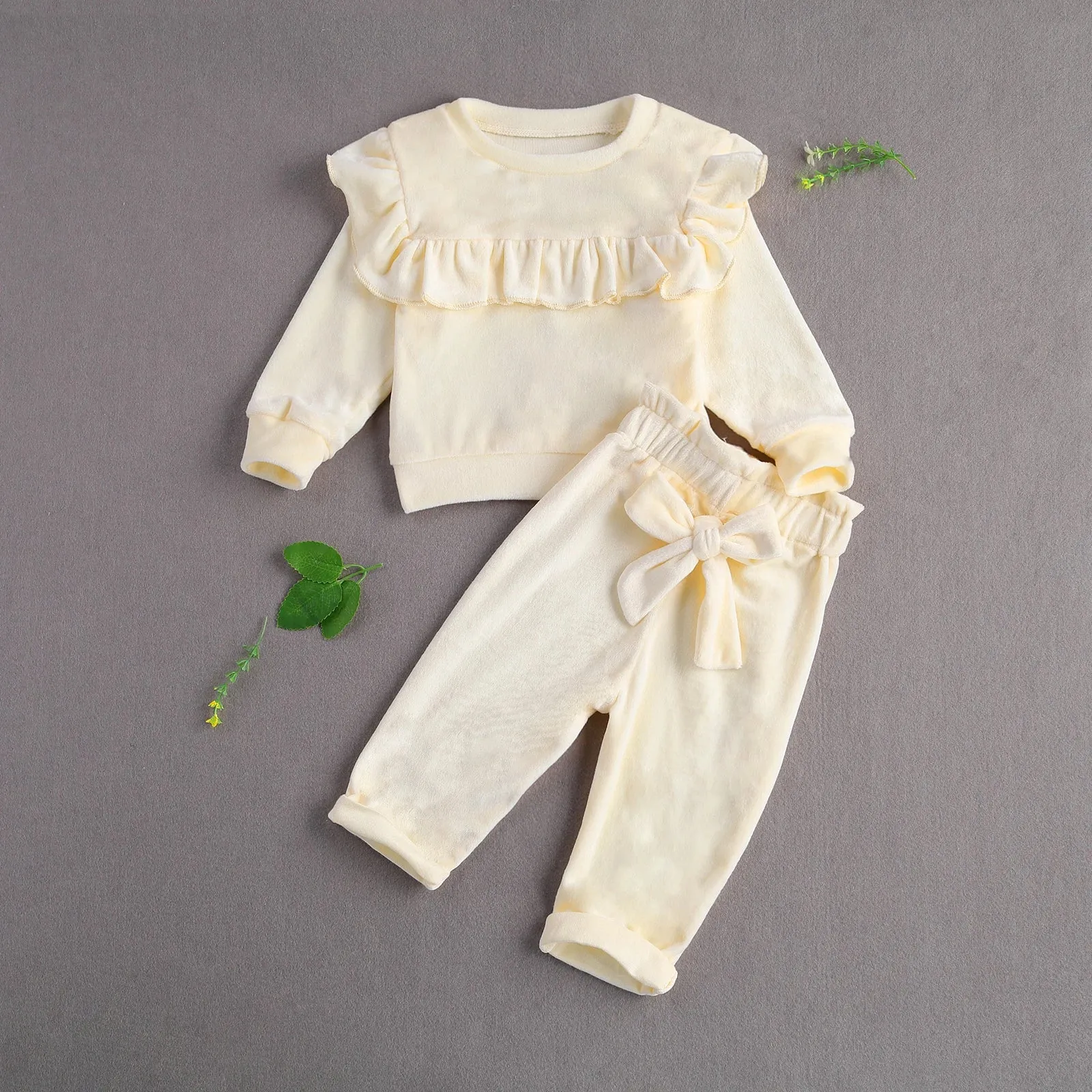 Baby Girls Solid Velour Ruffle Shirt & Pants Outfit Layette