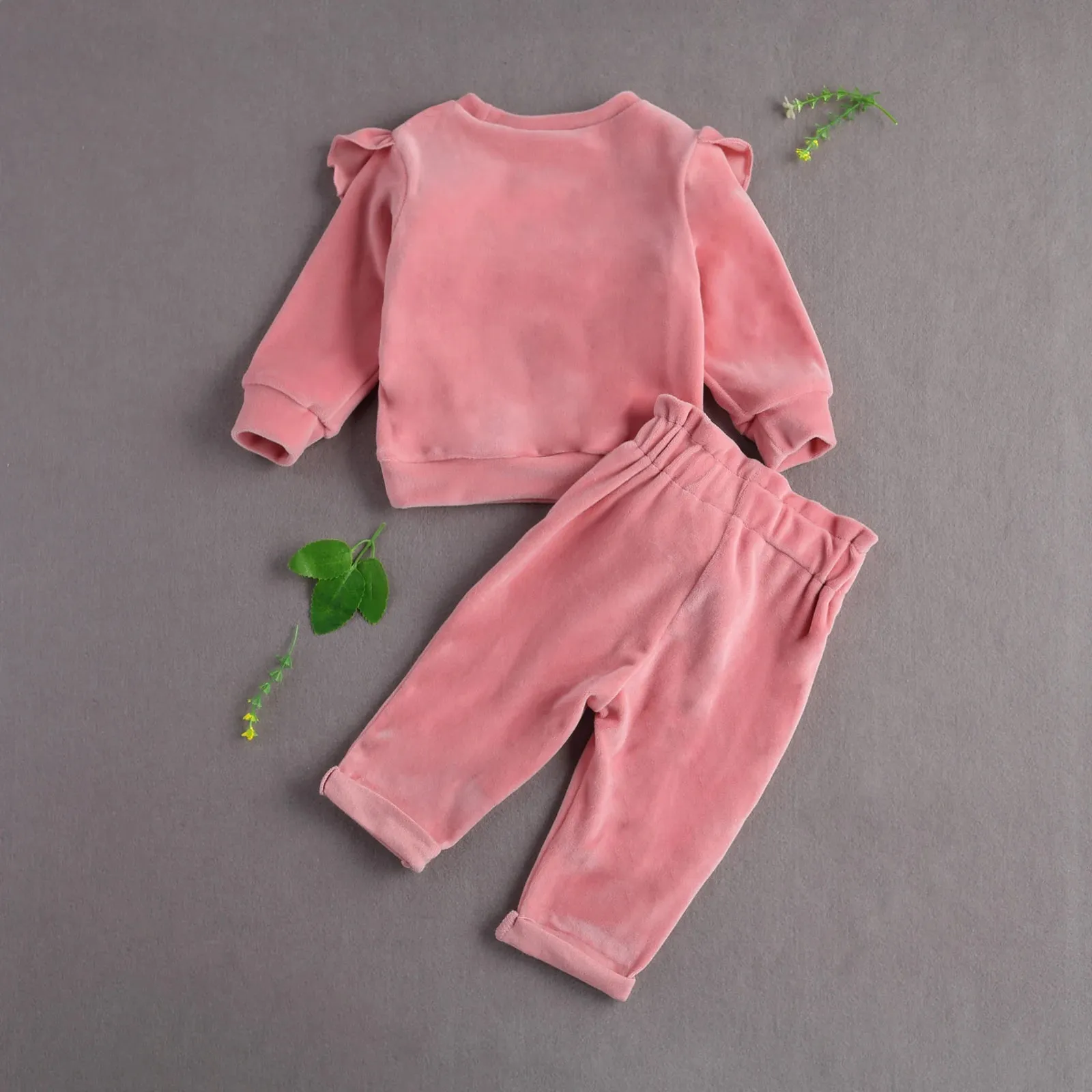 Baby Girls Solid Velour Ruffle Shirt & Pants Outfit Layette