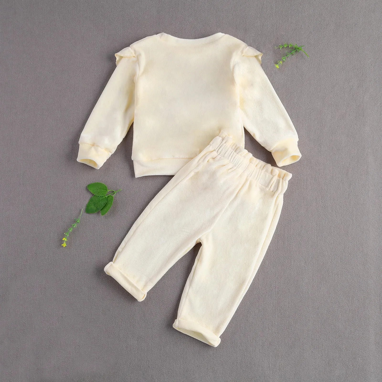 Baby Girls Solid Velour Ruffle Shirt & Pants Outfit Layette