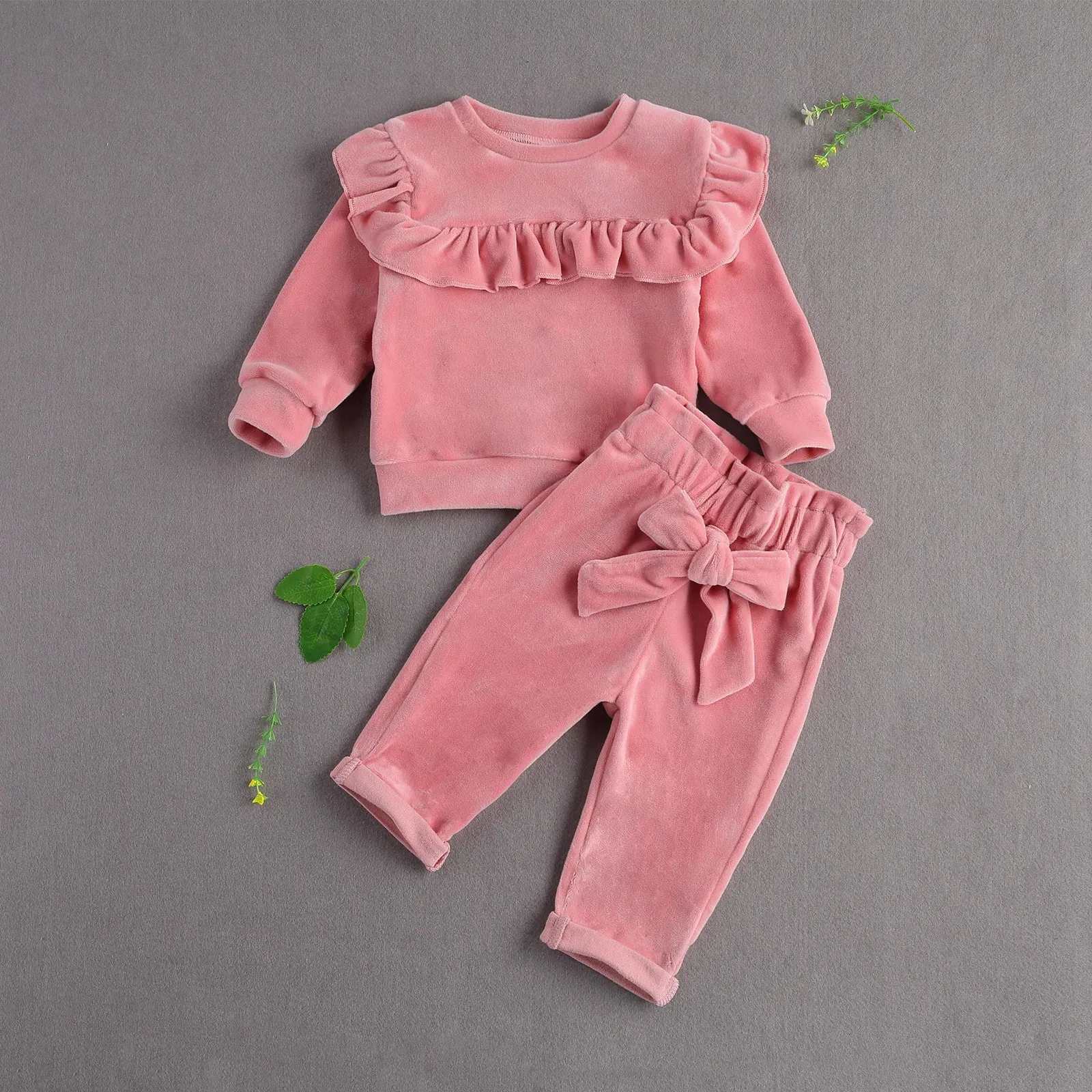 Baby Girls Solid Velour Ruffle Shirt & Pants Outfit Layette