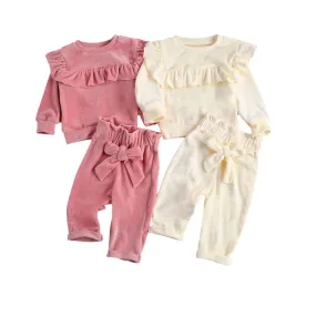 Baby Girls Solid Velour Ruffle Shirt & Pants Outfit Layette