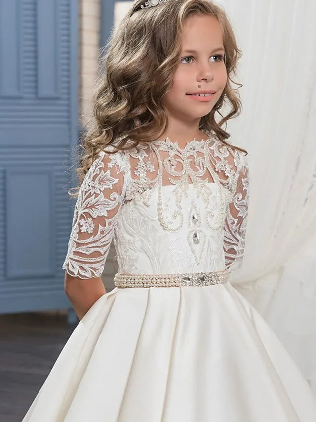 Ball Gown Matte Satin Jewel Neck Sweep Brush Train Wedding Birthday Pageant Flower Girl Dresses with Sleeves