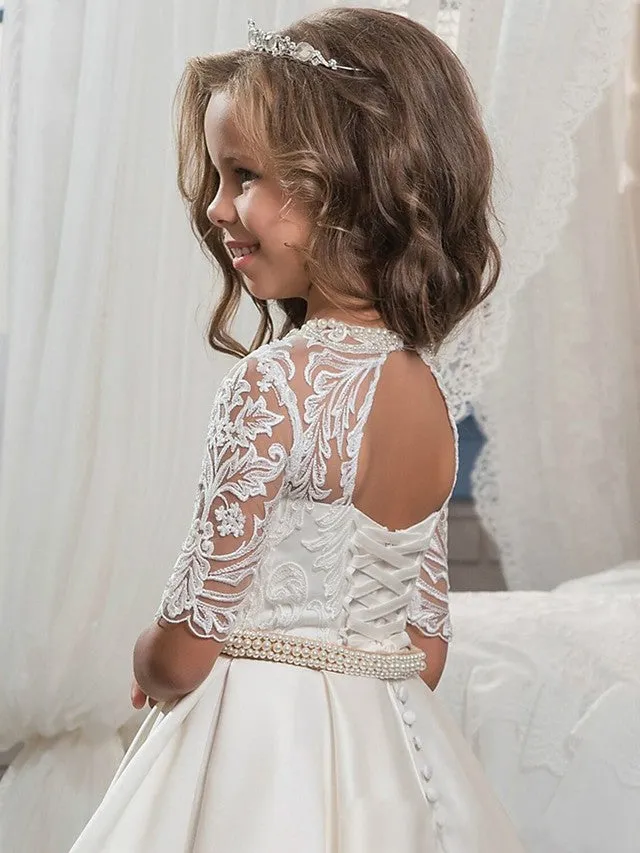 Ball Gown Matte Satin Jewel Neck Sweep Brush Train Wedding Birthday Pageant Flower Girl Dresses with Sleeves