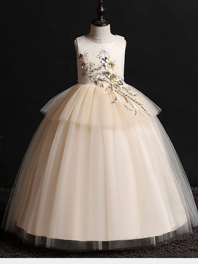 Ball Gown Satin Tulle Sleeveless Jewel Neck Wedding Party Flower Girl Dresses