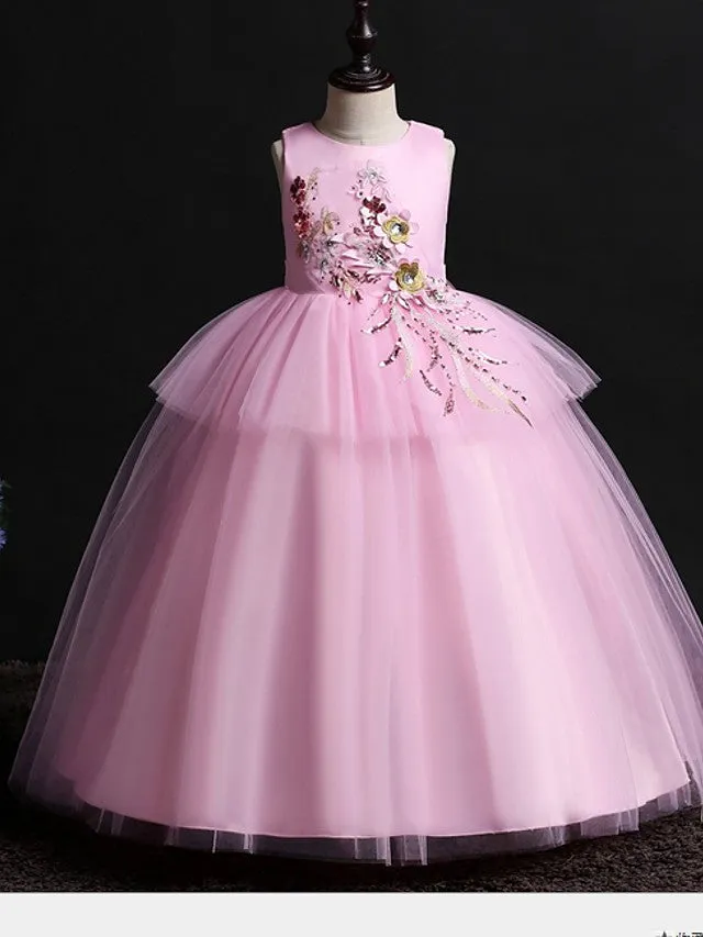 Ball Gown Satin Tulle Sleeveless Jewel Neck Wedding Party Flower Girl Dresses