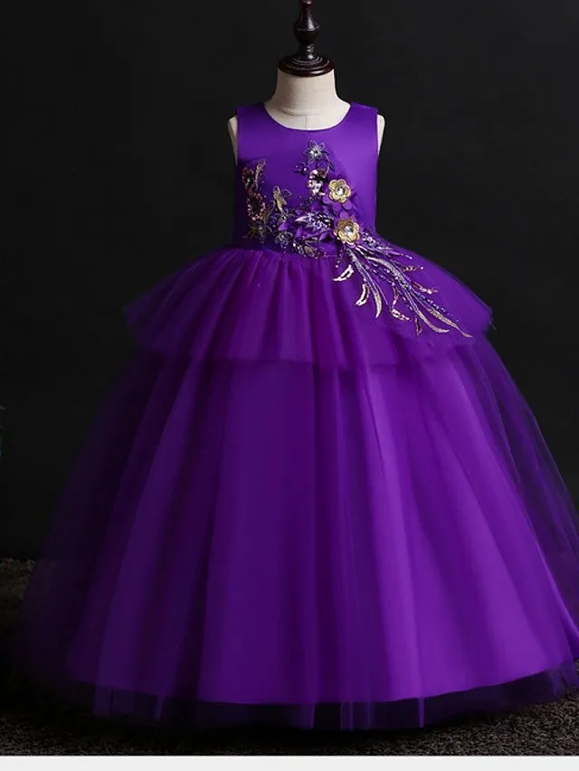 Ball Gown Satin Tulle Sleeveless Jewel Neck Wedding Party Flower Girl Dresses