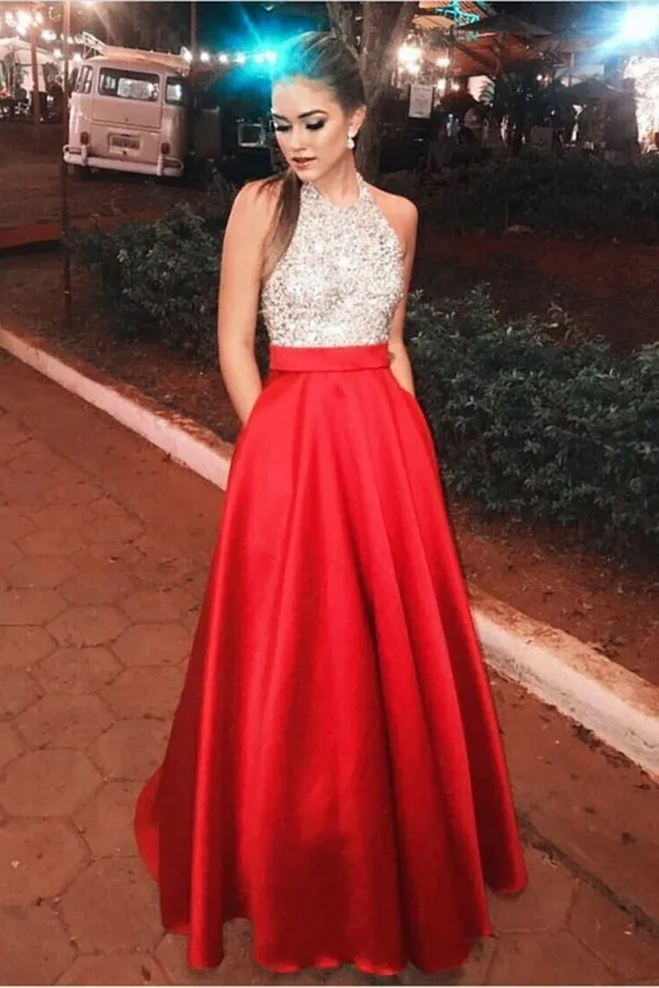 Beautiful Halter Beading Long A-Line Red Open Back Prom Dresses PLZYB91S