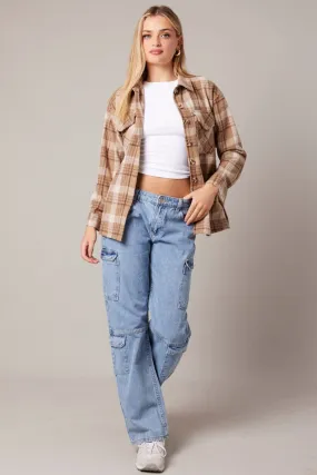 Beige Check Relaxed Shirt Long Sleeve