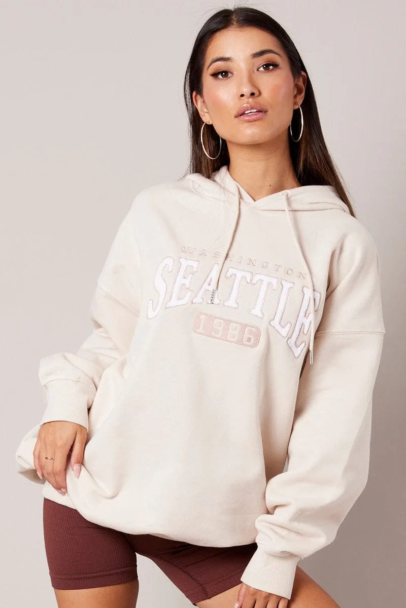 Beige Graphic Hoodie Sweater Long Sleeve