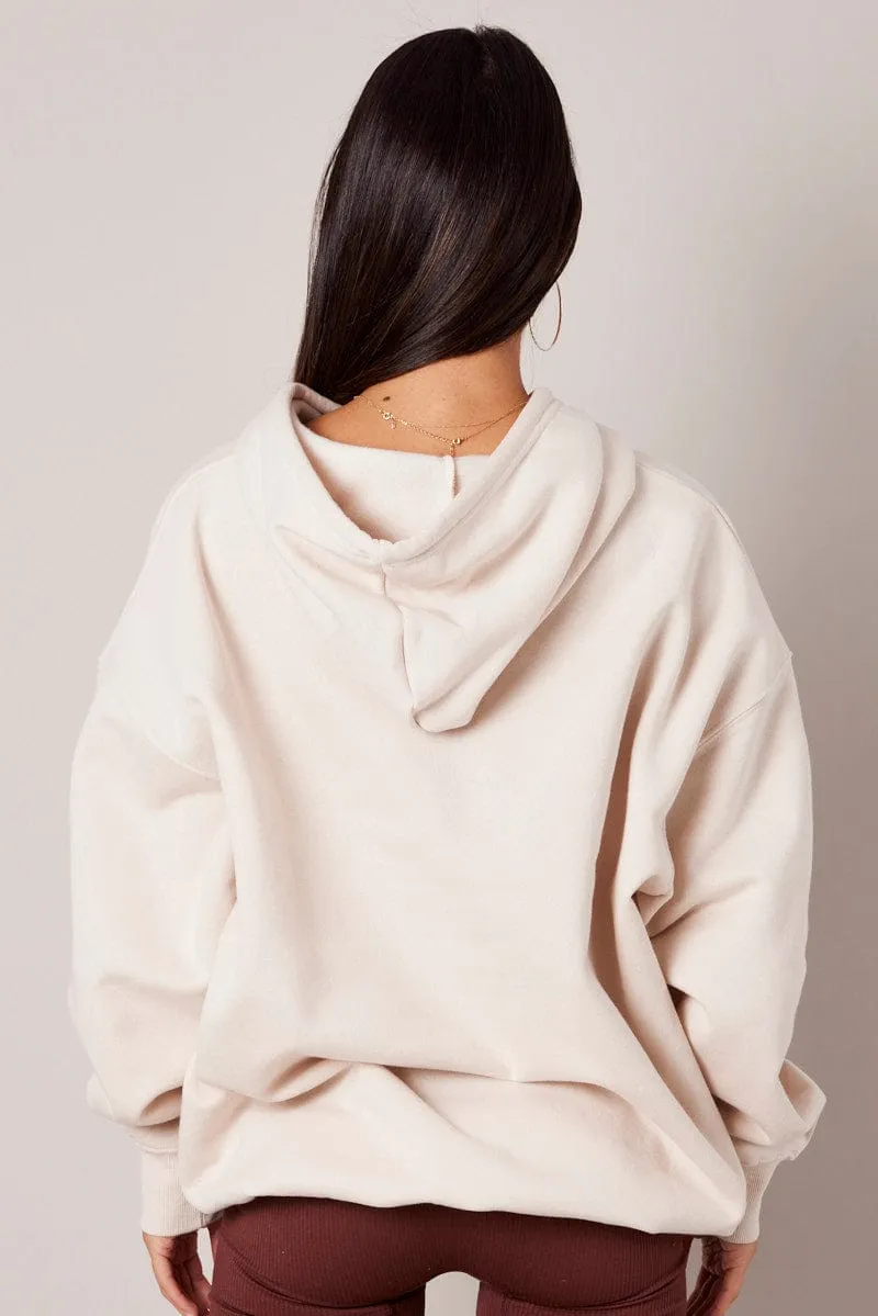 Beige Graphic Hoodie Sweater Long Sleeve