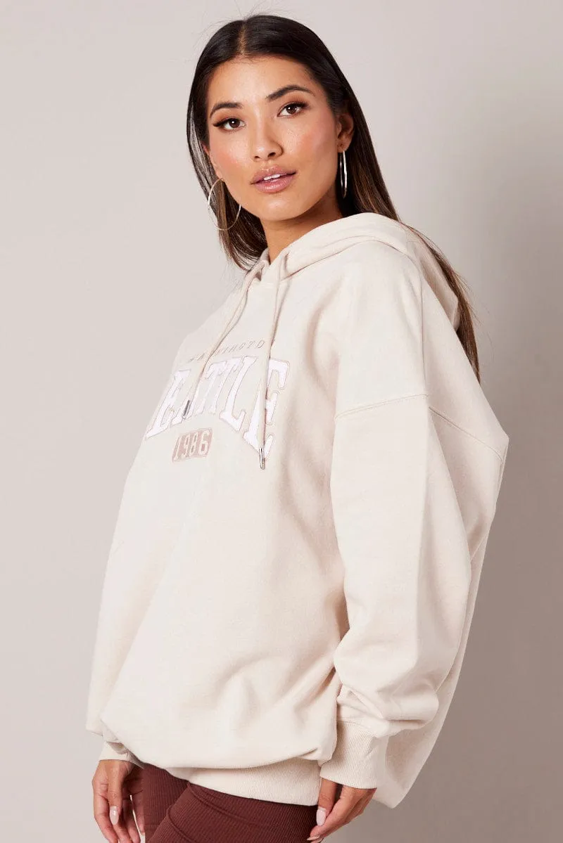 Beige Graphic Hoodie Sweater Long Sleeve