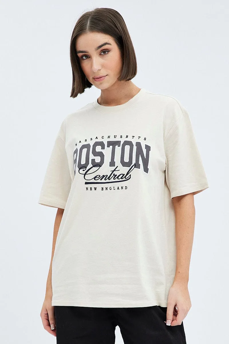 Beige Graphic Tee Short Sleeve Oversized