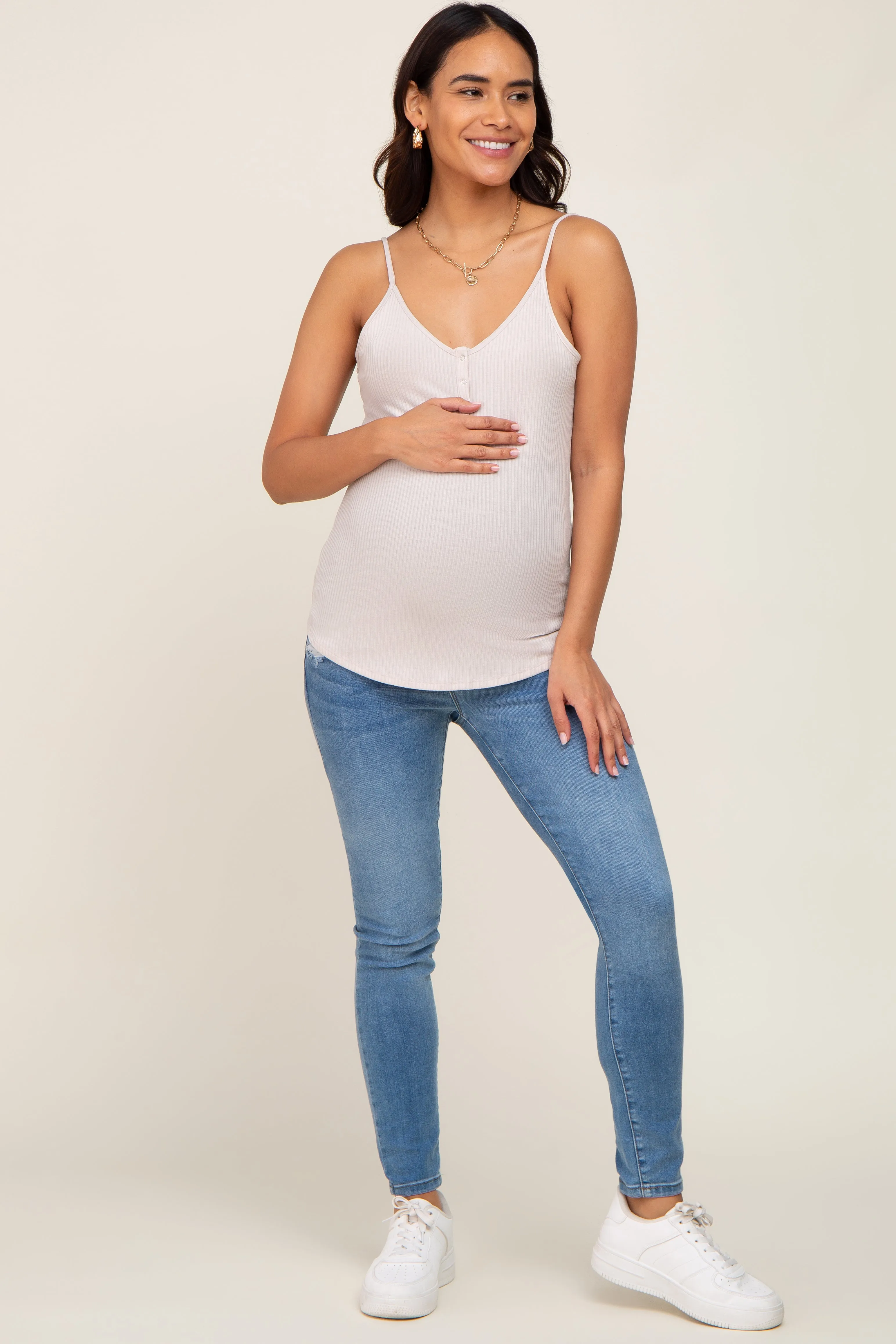 Beige Ribbed Snap Button Maternity Cami