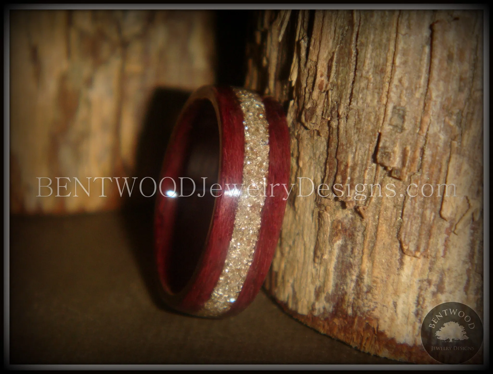 Bentwood Ring - Purpleheart Wood Ring with German Silver Glass Inlay