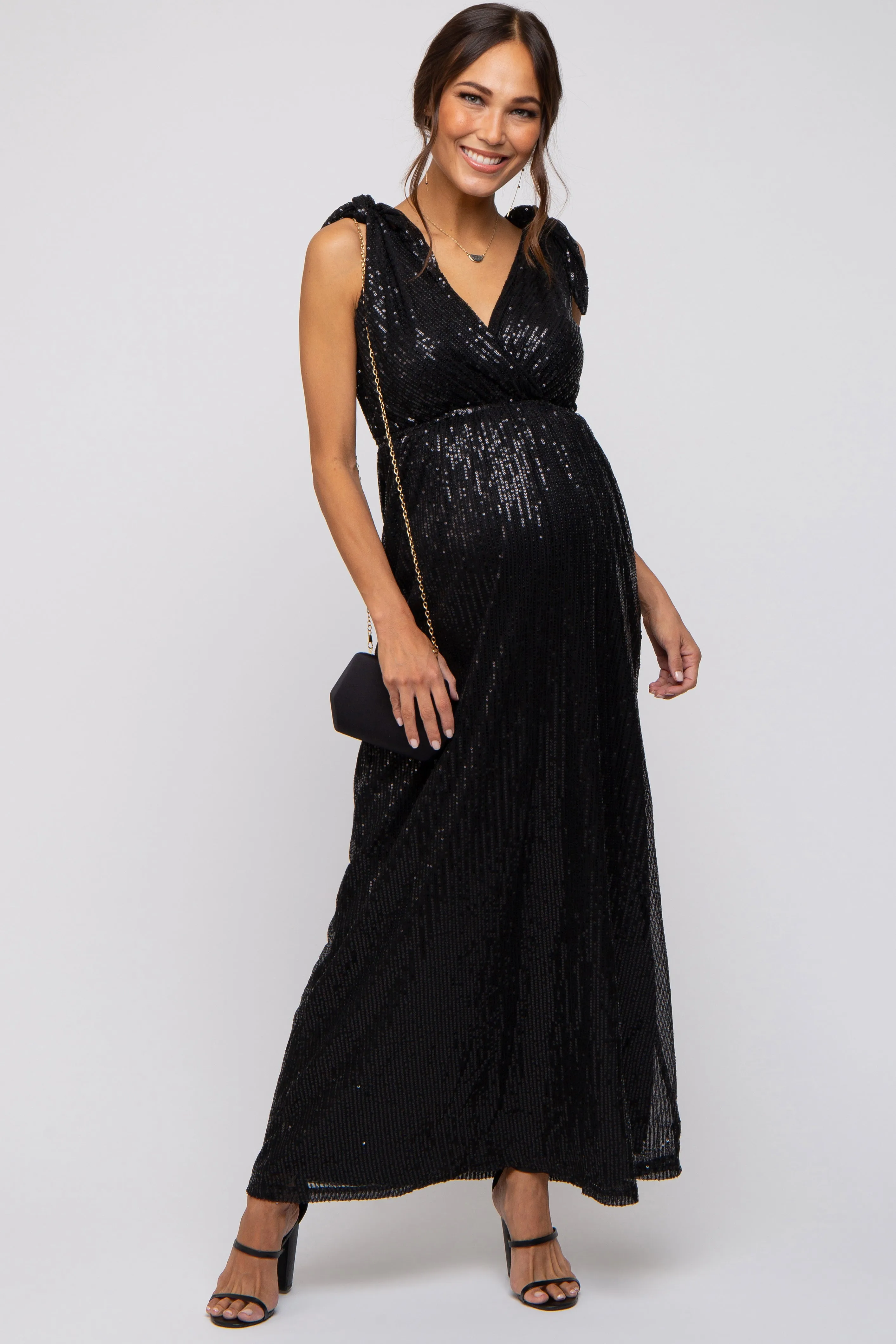 Black Sequin Sleeveless Wrap V-Neck Maternity Gown