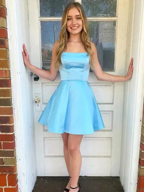 Blue Short A-line Strapless Open Back Prom Homecoming Dresses