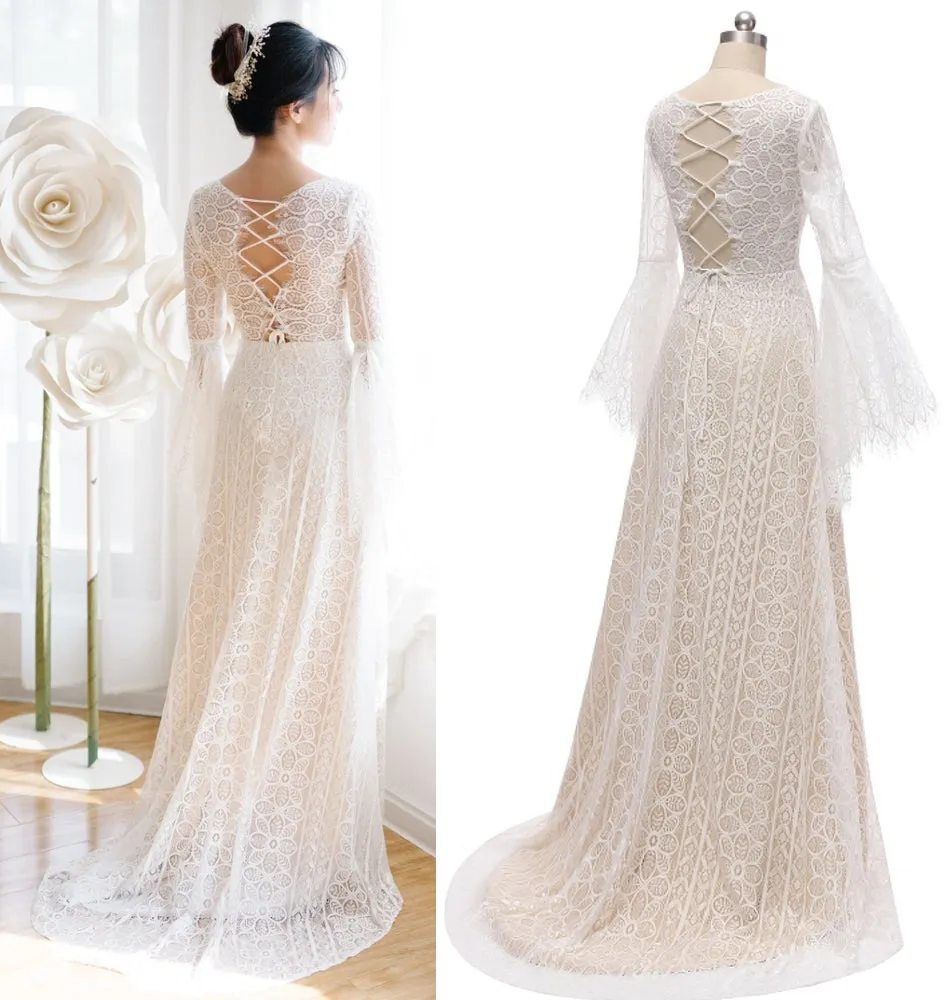 Bohemia Simple Elegant Lace Beach Wedding Dresses With Long Sleeves