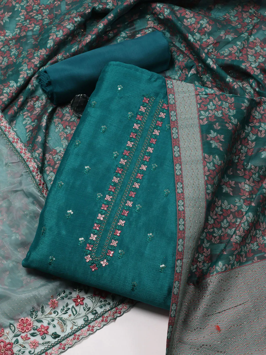 Booti Embroidered Chinon Unstitched Suit Piece With Dupatta